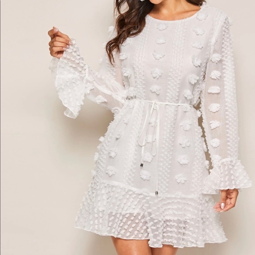 Flounce sleeve Ruffle Hem Belted Dress.